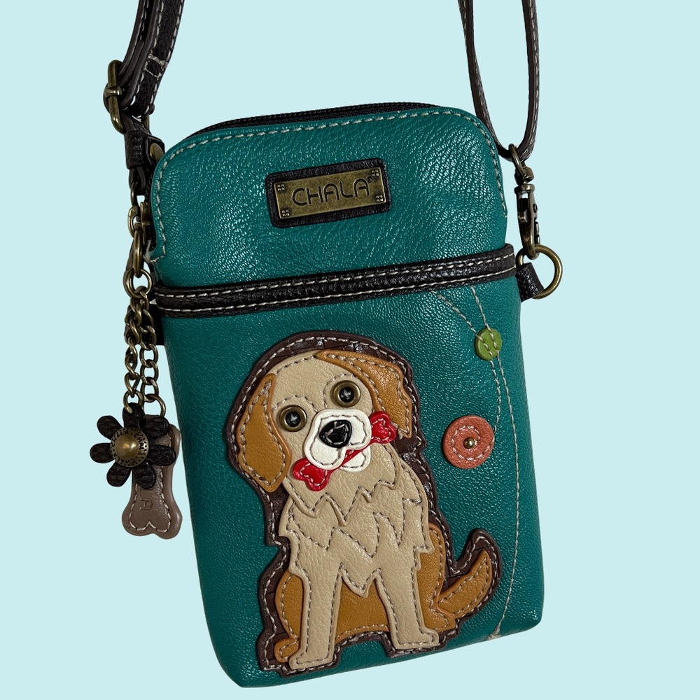 CHALA Crossbody Cell Phone Purse Teal Vegan Pebbled Leather Dog With a Bone - Picture 12 of 14